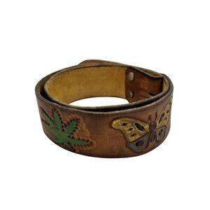 Vtg Womens Leather Belt Brown 34 inches Pot Leaf Butterfly Etching Hippie